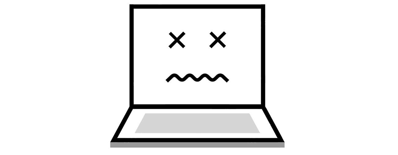 404 page computer with x eyes and sad mouth